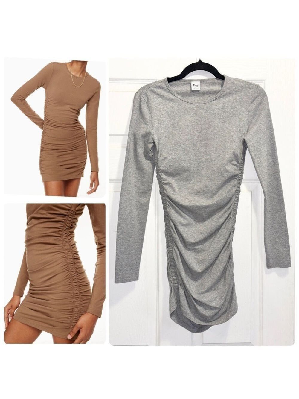 Aritzia TNA Chill Malibu Longsleeve Dress Ruched Mini Heathered Grey Size XS